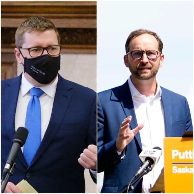 Opposition Leader Ryan Meili (right) disagrees with Premier Scott Moe's (left) decision to dismiss proof of vaccine at events. (Michael Bell/The Canadian Press, Bryan Eneas/CBC - image credit)