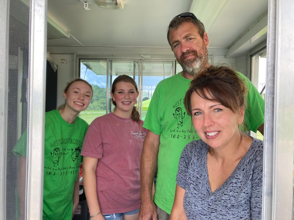 From left to right, Hayley Porter, Amelia Munger and owners Jim and Paula Genier staff West Coast Tacos 2.0 in Benson on July 15, 2023.