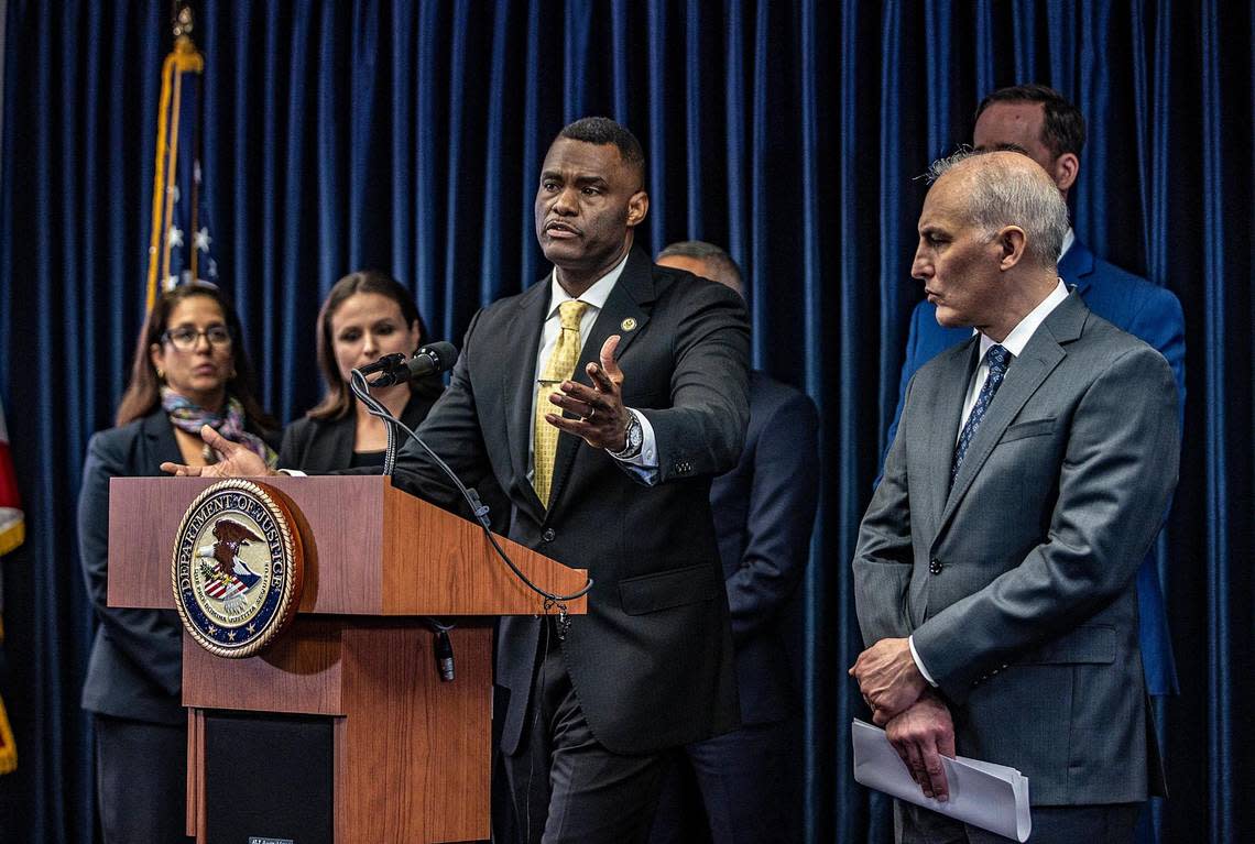 Assistant Attorney General Matthew G. Olsen (far right) of the Justice Department’s National Security Division joined the U.S. Attorney Markenzy Lapointe as he announces significant developments in the U.S. government’s prosecution of individuals allegedly connected to the assassination of Haitian President Jovenel Moïse on July 7, 2021, including the arrests and charges against individuals who are South Florida residents, at the James Lawrence King Criminal Justice Building in Miami, on Tuesday February 14, 2023.