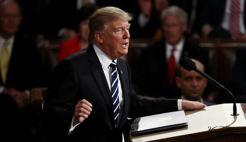 President Donald Trump addresses a joint session of the U.S. Congress on February 28, 2017 in the House chamber of the U.S. Capitol in Washington, DC.