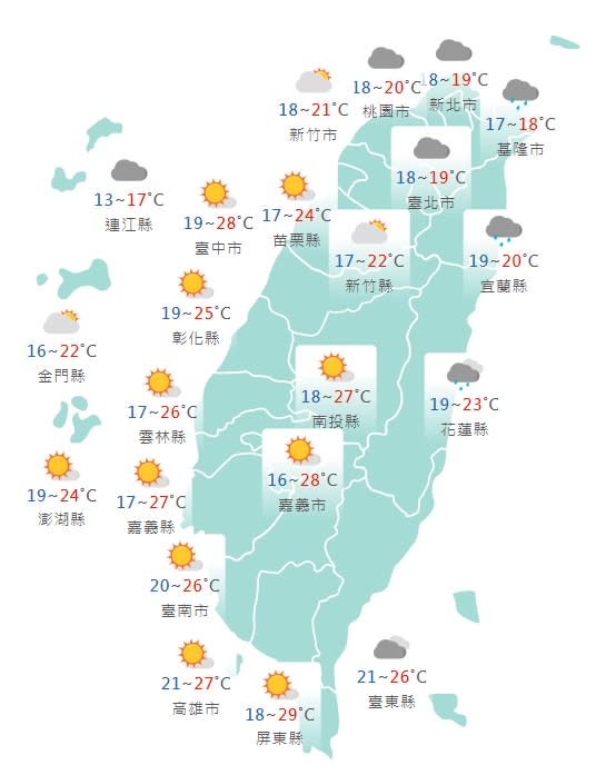 各縣市氣溫預報。（圖／中央氣象局）