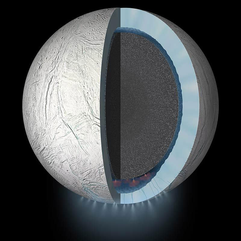 This artist’s rendering showing a cutaway view into the interior of Saturn’s moon Enceladus, Oct. 26, 2015. (NASA/JPL-Caltech)