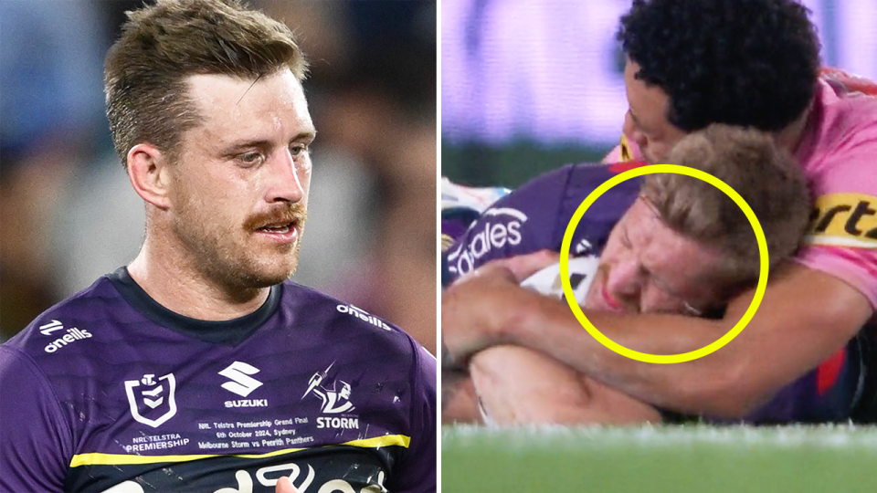 Cameron Munster reacts during the game and Munster during a tackle.