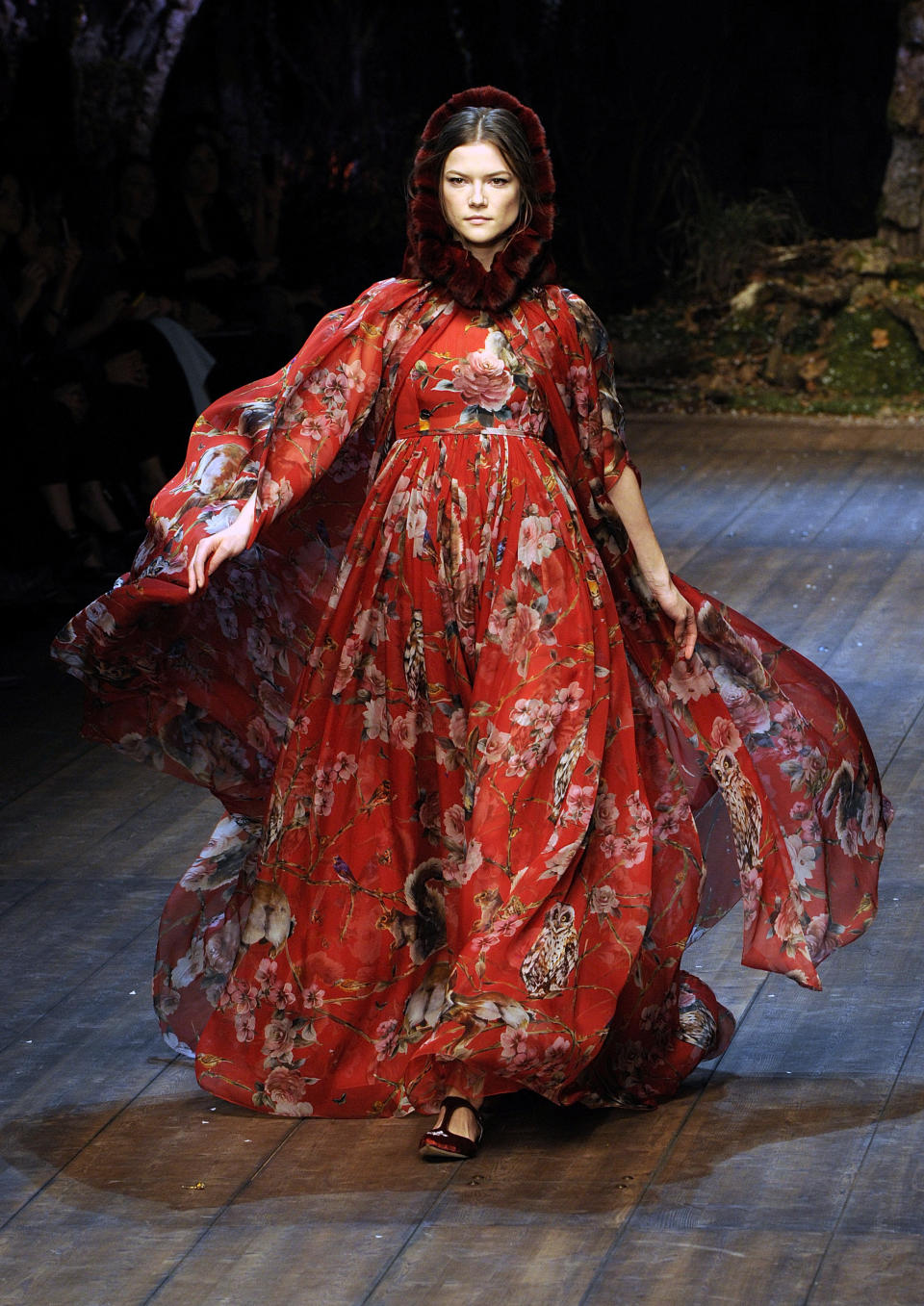 A model wears a creation for Dolce & Gabbana women's Fall-Winter 2014-15 collection, part of the Milan Fashion Week, unveiled in Milan, Italy, Sunday, Feb. 22, 2014. (AP Photo/Giuseppe Aresu)