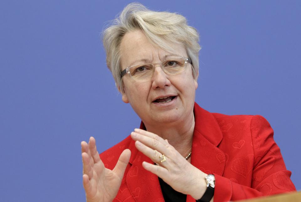 FILE - In this March 23, 2011 file picture then German Science Minister Annette Schavan speaks during a news conference in Berlin, Germany. Germany plans to make the former minister and reform-minded Roman Catholic who quit the government over allegations that she plagiarized parts of her thesis its new ambassador to the Vatican, a German government spokesman said Monday Feb. 3, 2014. Annette Schavan, a long-serving education minister who was considered close to Chancellor Angela Merkel, resigned last February after a university decided to withdraw her doctorate. Schavan denies plagiarism and is fighting the decision. (AP Photo/Michael Sohn,File)