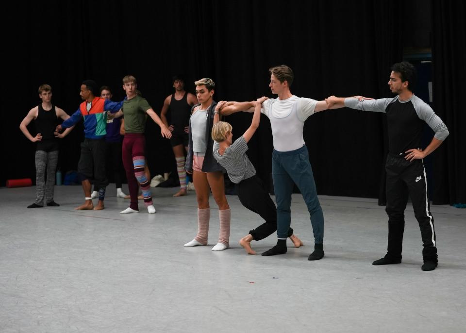 Choreographer Gemma Bond working with, from left, Evan Gorbell, Daniel Pratt and Maximiliano Iglesias on staging the world premiere of her “Panoramic Score.”