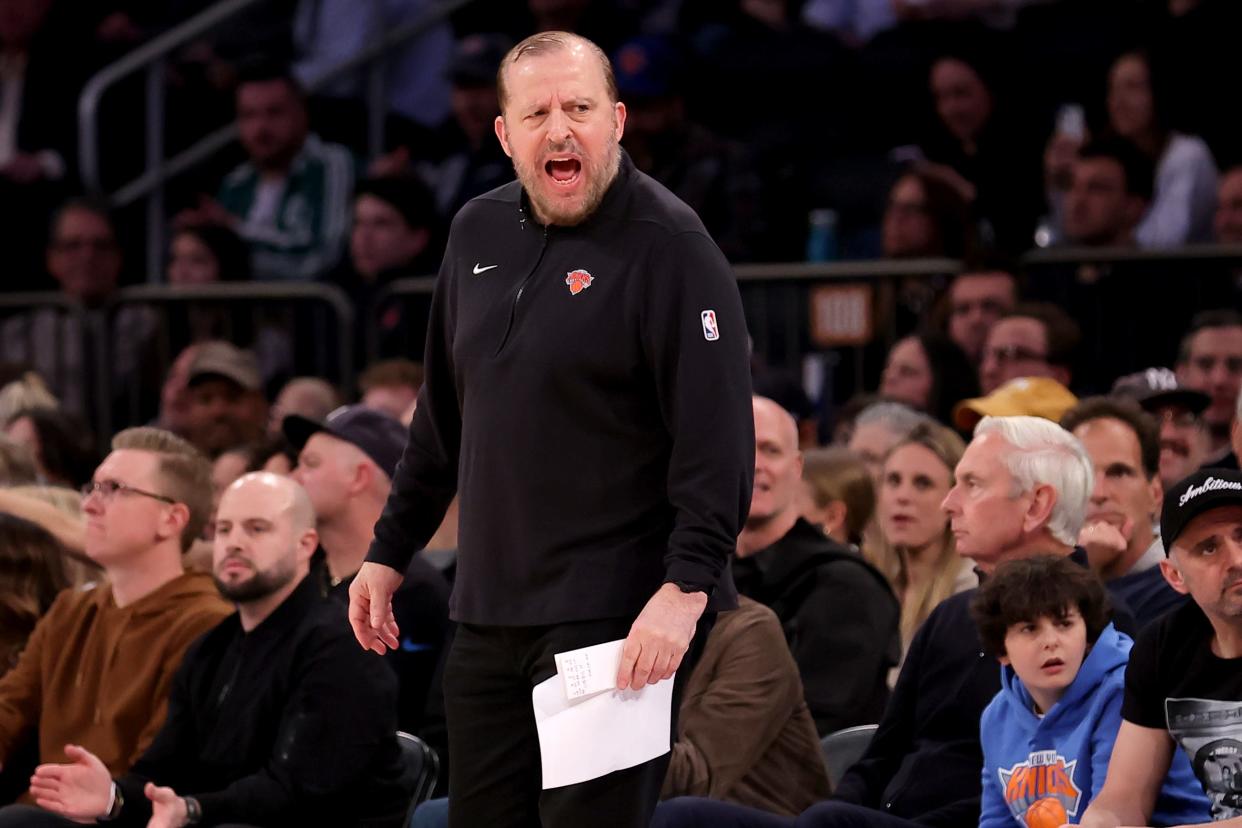 Feb 24, 2024; New York, New York, USA; New York Knicks head coach Tom Thibodeau coaches against the Boston Celtics during the second quarter at Madison Square Garden. Mandatory Credit: Brad Penner-USA TODAY Sports