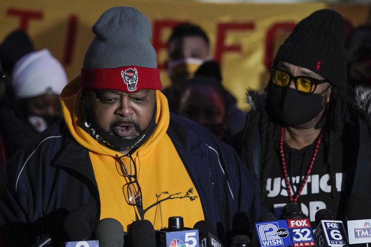 Jacob Blake Sr., father of Jacob Blake, speaks at a rally Monday, Jan. 4, 2021, in Kenosha, Wis. (AP Photo/Morry Gash)