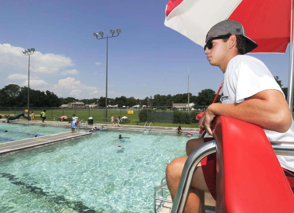 Joseph Delibero, 17, of Stroudsburg lifeguards as the Dansbury Park pool in East Stroudsburg on Thursday, Aug. 3, 2017.