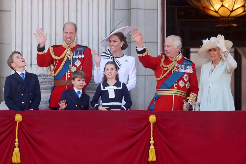 <p>Chris Jackson/Getty</p> From left: Prince George, Prince William, Prince Louis, Kate Middleton, Princess Charlotte, King Charles and Queen Camilla at Trooping the Colour 2024