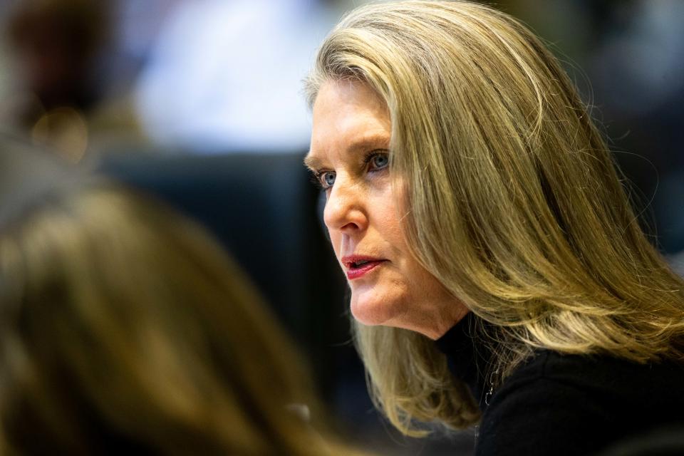 Commissioner Gretchen Cosby asks a question during the board's meeting Tuesday, Jan. 3, 2023, at the Ottawa County Offices in West Olive.