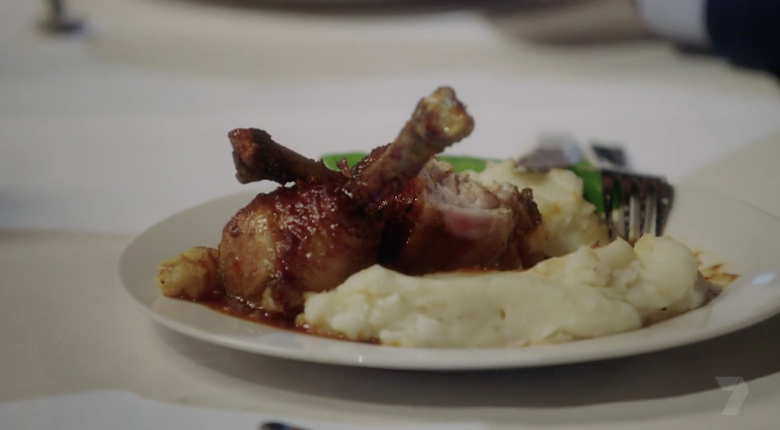 They served heart stopper chicken lollipops with garlic mash for their main meal, but the judges weren’t raving about their “watery” mash and “raw” chicken. Photo: Channel Seven