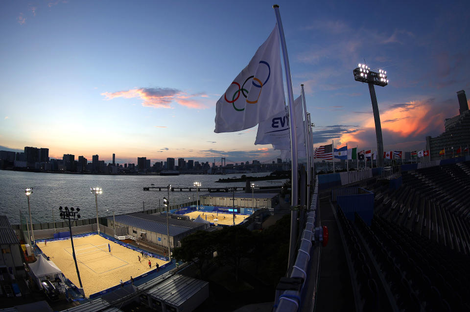 TOKYO, JAPAN - JULY 22:  A general view of practice courts of Shiokaze Park and Tokyo Bay as Team China Women's Beach Volleyball team practices prior to the Tokyo 2020 Olympic Games on July 22, 2021 in Tokyo, Japan. (Photo by Sean M. Haffey/Getty Images)