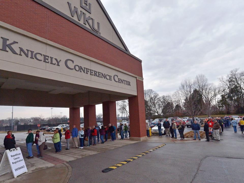 Voters line up outside the Knicely Conference Center in Bowling Green Kentucky.