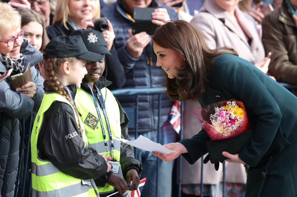 Two young fans dressed in police officer outfits met the Duchess of Cambridge in Sunderland. (PA Images)