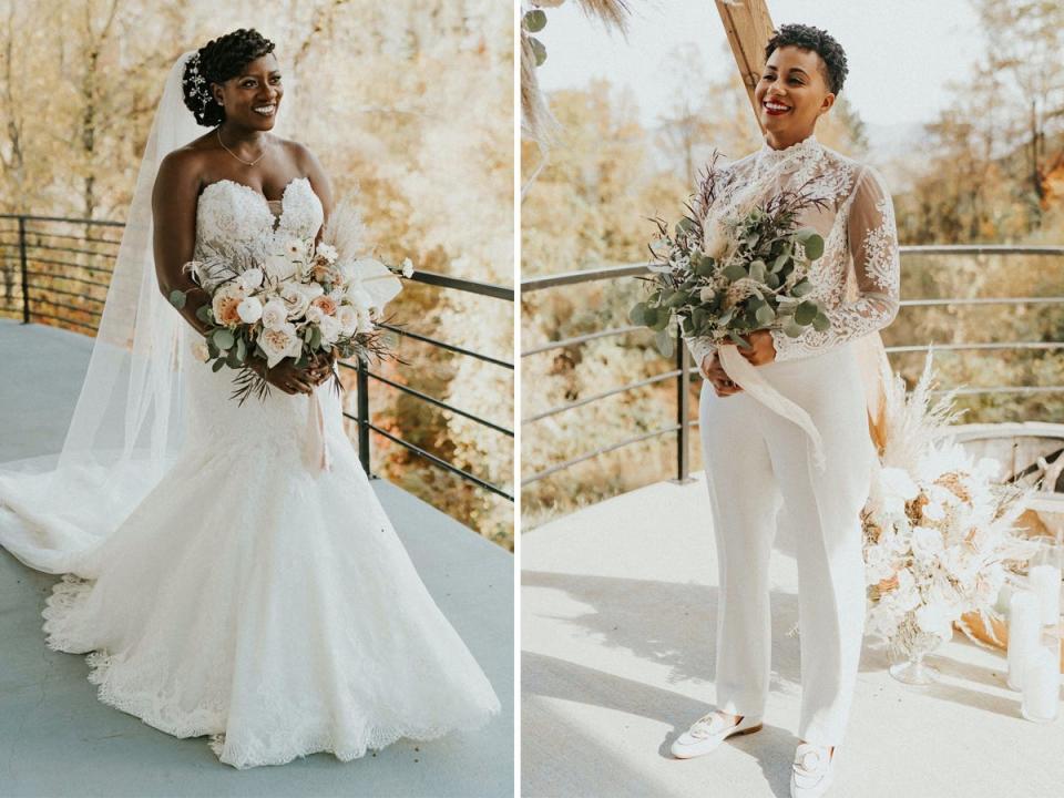 A side-by-side of two brides looking at each other.