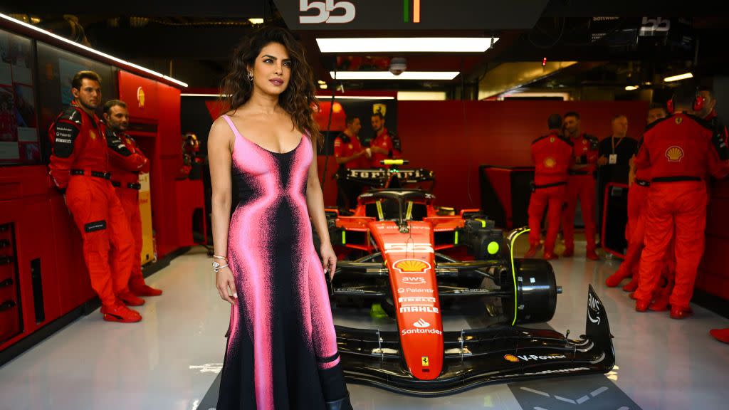 abu dhabi, united arab emirates november 26 priyanka chopra poses for a photo in the ferrari garage prior to the f1 grand prix of abu dhabi at yas marina circuit on november 26, 2023 in abu dhabi, united arab emirates photo by clive mason formula 1formula 1 via getty images