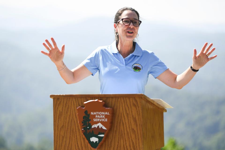 Assistant Secretary for Fish and Wildlife and Parks Shannon Estenoz, speaks about President Biden’s Investing in America agenda and the Great American Outdoors Act at an overlook off of the FootHills Parkway, Friday, Aug. 25, 2023.