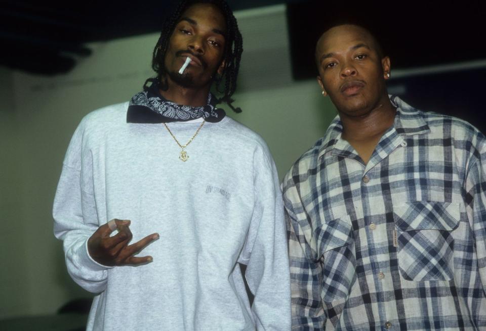 <p>Dr. Dre and Snoop Dogg backstage at the Source Awards at Madison Square Garden on August 3, 1995 in New York City.</p>