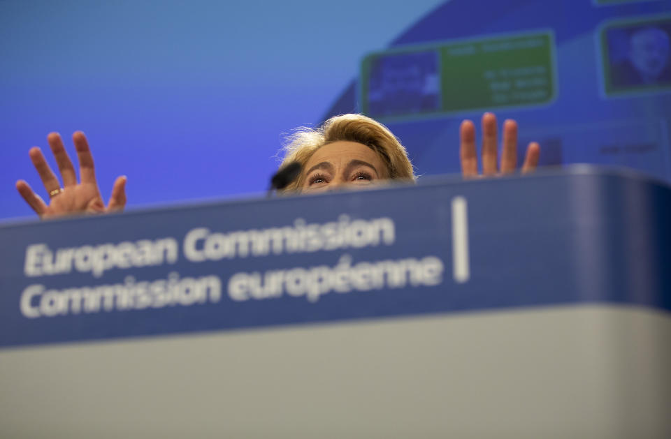 Incoming European Commission President Ursula von der Leyen speaks during a media conference at EU headquarters in Brussels, Tuesday, Sept. 10, 2019. Incoming European Commission President Ursula von der Leyen on Tuesday unveiled her team of candidates for the EU commission. (AP Photo/Virginia Mayo)