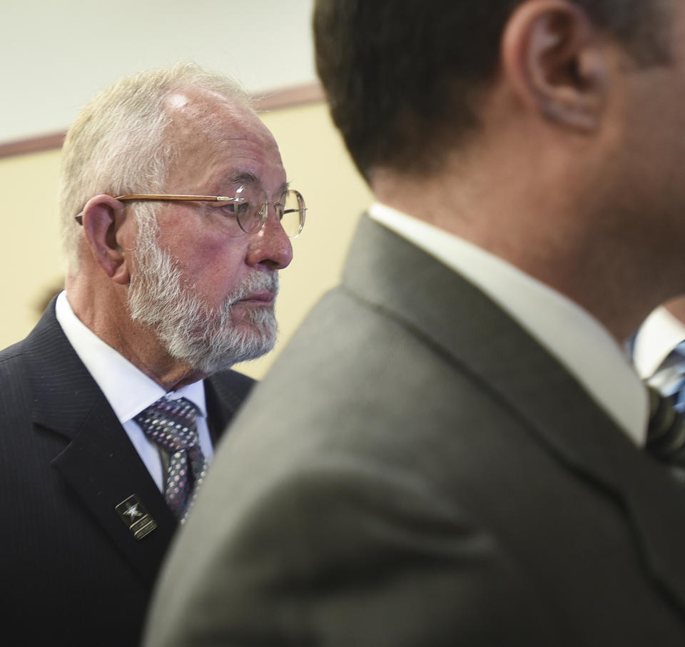 William Strampel, former dean at the College of Osteopathic Medicine at Michigan State University leaves Ingham County Circuit Court after a jury found him guilty of misconduct in office and two charges of willful neglect of duty, Wednesday, June 12, 2019, at Veterans Memorial Courthouse in Lansing, Mich. Strampel, 71, had been accused of abusing his power to sexually proposition and harass female students and not enforcing patient restrictions imposed on Larry Nassar following a 2014 complaint. Jurors found him not guilty of felony criminal sexual conduct in the second degree, a charge that could have sent him to prison for up to 15 years for grabbing the buttocks of at least one student. (Matthew Dae Smith/Lansing State Journal via AP)