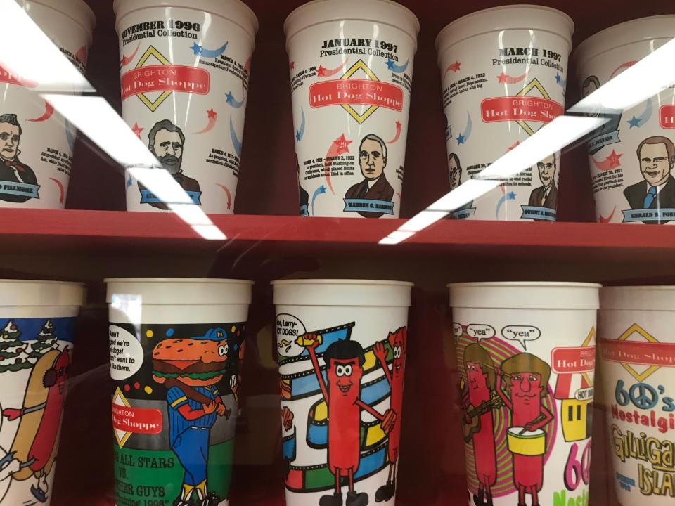 Brighton Hot Dog Shoppe cups on display at the chain's Chippewa Township location.