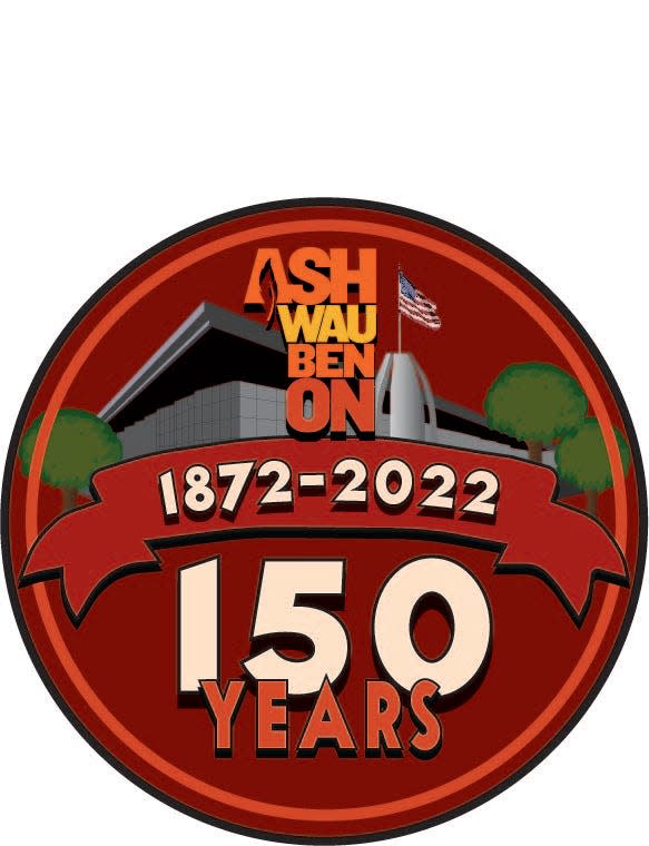 The logo for Ashwaubenon's sesquicentennial was designed by Ashwaubenon High School student Nelson Beams and features the Resch Expo and the Brown County Veterans Memorial in the village.