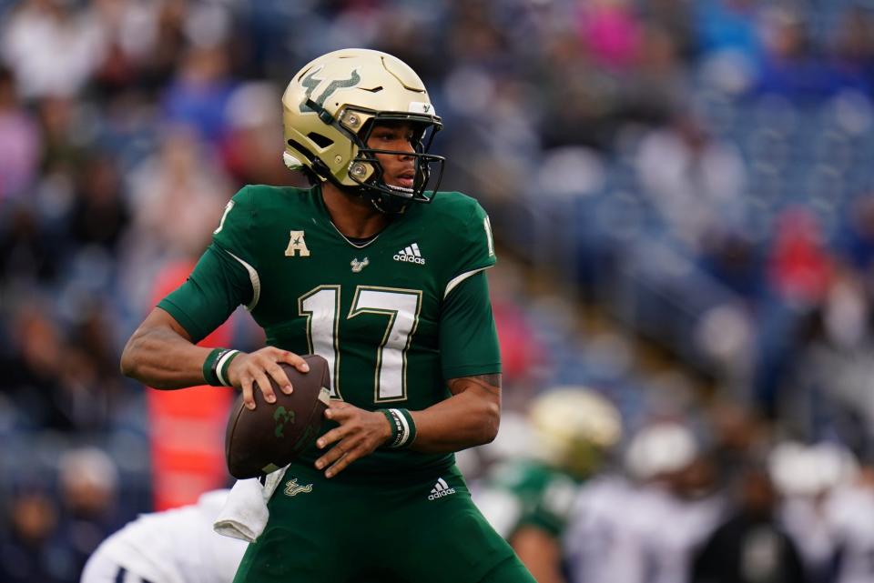 Oct 21, 2023; East Hartford, Connecticut, USA; South Florida Bulls quarterback Byrum Brown (17) looks to pass the ball against the UConn Huskies in the first quarter at Rentschler Field at Pratt & Whitney Stadium. Mandatory Credit: David Butler II-USA TODAY Sports