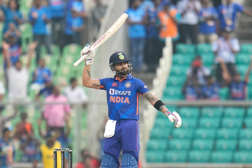 Virat Kohli celebrated 150 runs in India’s record ODI victory over Sri Lanka (Aijaz Rahi/AP) (AP)