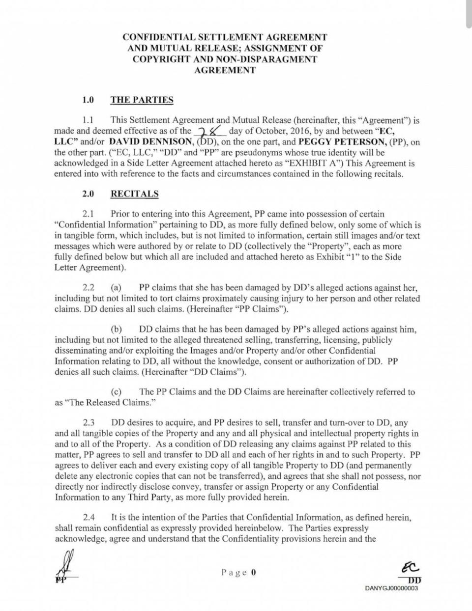 PHOTO: Michael Cohen signed the settlement between Donald Trump and Stormy Daniels – referenced in the contract by pseudonyms David Dennison and Peggy Peterson. (Manhattan District Attorney’s Office)