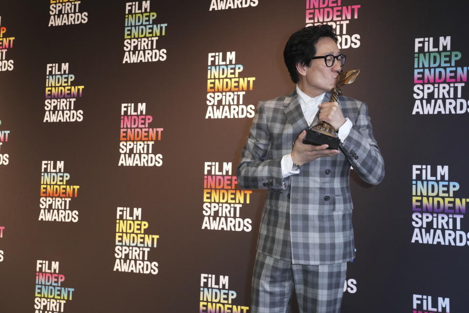 Ke Huy Quan poses in the press room with the award for best supporting performance for "Everything Everywhere All at Once" at the Film Independent Spirit Awards on Saturday, March 4, 2023, in Santa Monica, Calif. (Photo by Jordan Strauss/Invision/AP)