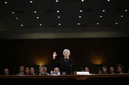 Janet Yellen, President Barack Obama's nominee to lead the U.S. Federal Reserve, is sworn in to testify at her U.S. Senate Banking Committee confirmation hearing in Washington November 14, 2013. REUTERS/Jason Reed