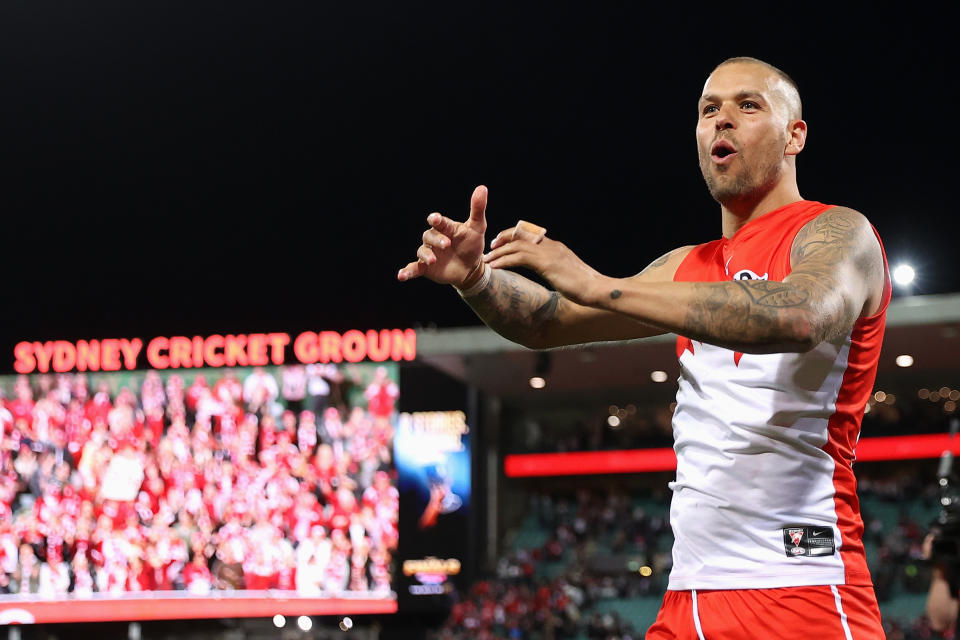 Lance Franklin (pictured) thanks the Swans fans at the SCG.