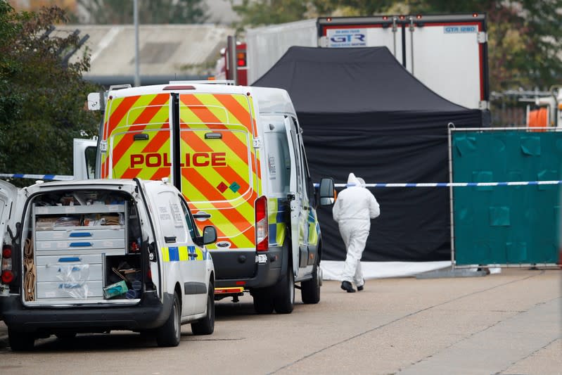 The scene where bodies were discovered in a lorry container, in Grays, Essex