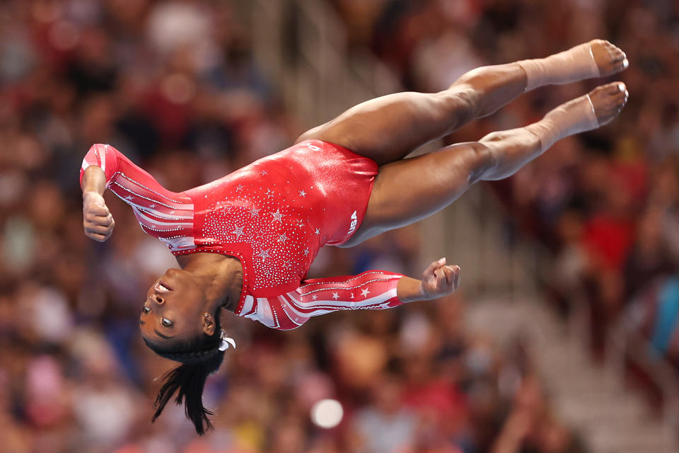 Simone Biles competes in the floor exercise during the Women's competition of the 2021 US Gymnastics Olympic Trials at America’s Center on June 27, 2021 in St Louis, Missouri.