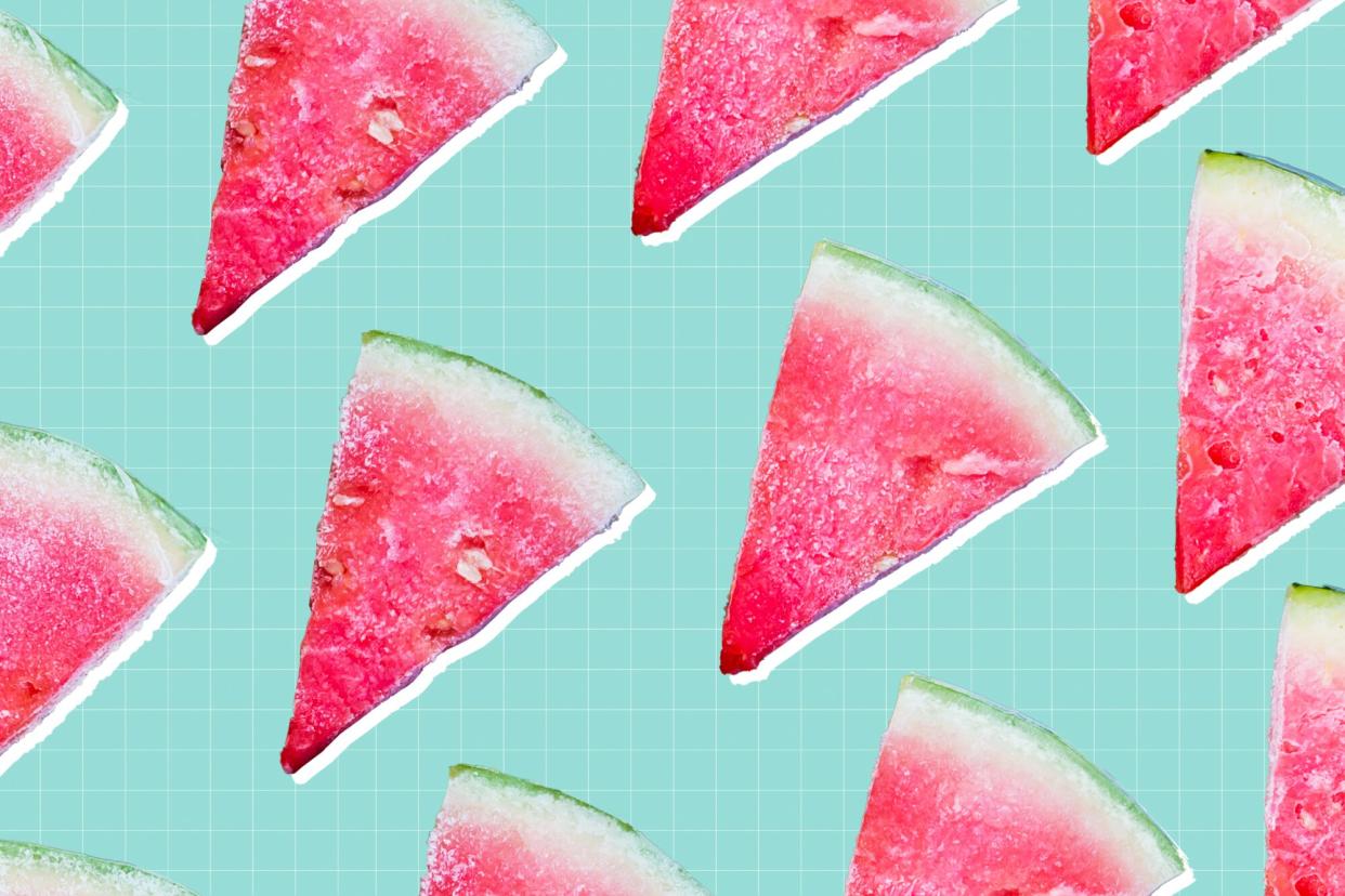 Frozen watermelon wedges on a designed background