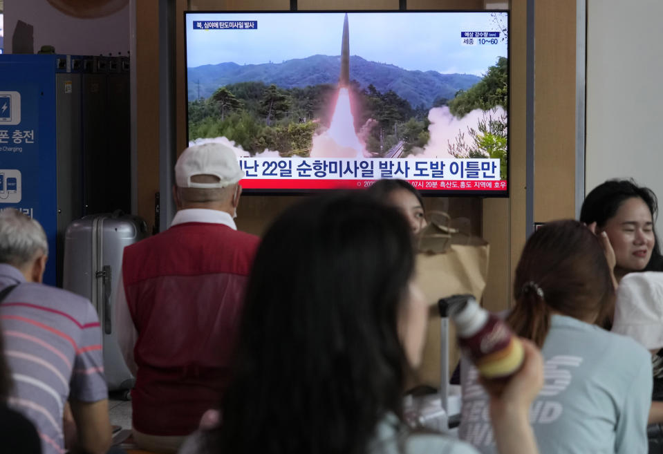 A TV screen shows a file image of North Korea's missile launch during a news program at the Seoul Railway Station in Seoul, South Korea, Tuesday, July 25, 2023. North Korea fired two short-range ballistic missiles into its eastern sea, South Korea's military said Tuesday, adding to a recent streak in weapons testing that is apparently in protest of the U.S. sending major naval assets to South Korea in a show of force. (AP Photo/Ahn Young-joon)