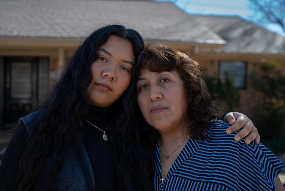 Diana Almaraz poses for a portrait with her mother, Guillermina on Jan. 28, 2024 outside of their home in Fort Worth, Texas.