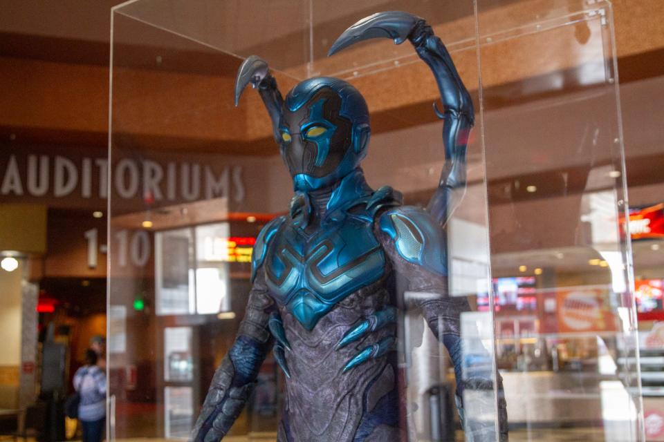 The Scarab suit worn by Xolo Maridueña, as Jaime Reyes, is in town and on display through Aug. 28 at the Cinemark Tinseltown Las Palmas XD, at 11855 Gateway West Blvd.