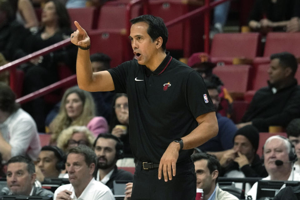 Miami Heat head coach Erik Spoelstra gestures during the first half of an NBA basketball game against the Houston Rockets, Monday, Jan. 8, 2024, in Miami. (AP Photo/Marta Lavandier)