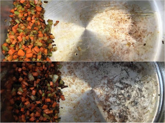 <p>Serious Eats / Sal Vaglica</p> To see how well each pot handled cooking, we sweat and browned mirepoix, stirring every 90 seconds. Our winning Cuisinart (top) did a better job at resisting burning than other models, like one from Berghoff (bottom).
