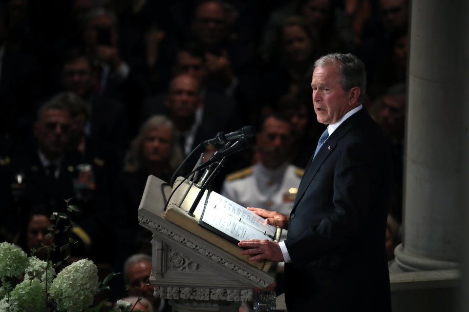 Former President George W. Bush speaks during a memorial service for Sen. John McCain at the National Cathedral in Washington on Saturday. (Photo: Mark Wilson via Getty Images)