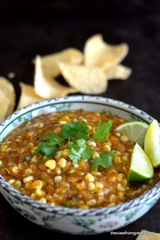 <p>The View From Great Island</p><p>Another delicious variation for plain chips and salsa. This salsa is loaded with fire-roasted jalapeno peppers and tomatillos. <a href="http://theviewfromgreatisland.com/2014/02/fire-roasted-tomatillo-corn-salsa.html" rel="nofollow noopener" target="_blank" data-ylk="slk:Get the recipe HERE;elm:context_link;itc:0;sec:content-canvas" class="link rapid-noclick-resp">Get the recipe HERE</a>.</p><p><strong>Related: <a href="https://parade.com/1006601/nettiemoore/best-mexican-ground-beef-recipes-for-cinco-de-mayo/" rel="nofollow noopener" target="_blank" data-ylk="slk:22 Best Mexican Ground Beef Recipes for Cinco de Mayo;elm:context_link;itc:0;sec:content-canvas" class="link rapid-noclick-resp">22 Best Mexican Ground Beef Recipes for Cinco de Mayo</a></strong></p>