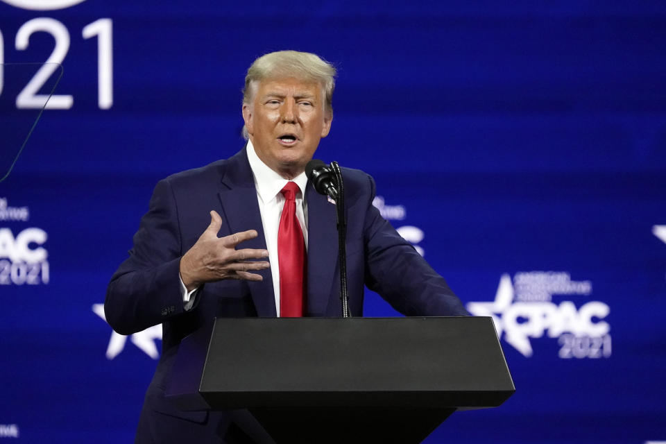 Former president Donald Trump speaks at the Conservative Political Action Conference (CPAC) Sunday, Feb. 28, 2021, in Orlando, Fla. (AP Photo/John Raoux)