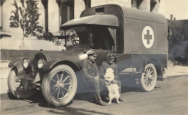 Postcard of Muggins the Red Cross dog with two soldiers and a Red Cross ambulance, taken in 1919.