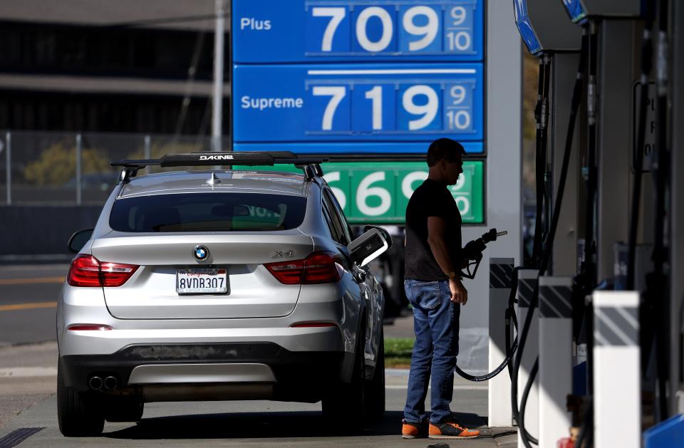 Gas prices over $7 a gallon are displayed at a Chevron gas station on Oct. 03 in Mill Valley, California