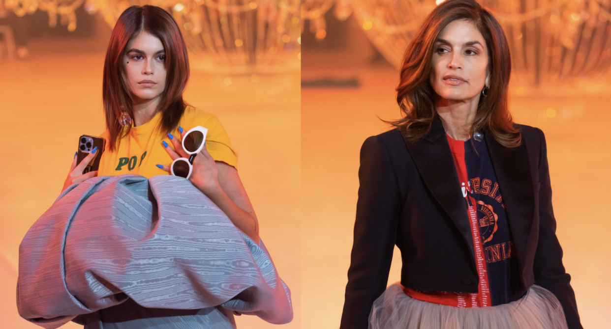 Kaia Gerber (left) and mom Cindy Crawford (right) walked the runway together during Paris Fashion Week 2022. (Image via Getty Images)