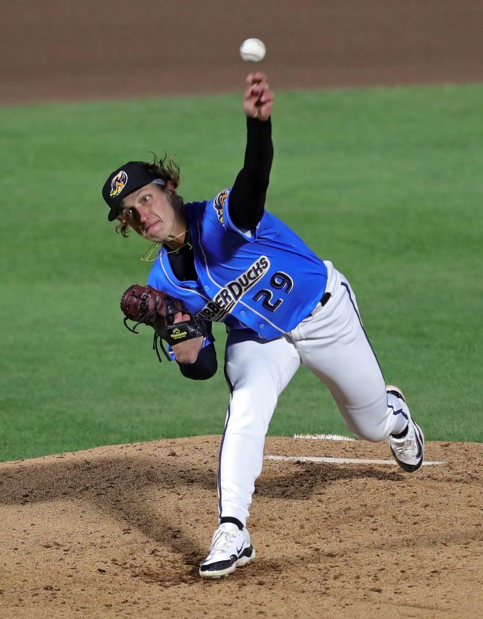 Akron RubberDucks pitcher Doug Nikhazy (29) throws during the fourth inning of an opening-day baseball game against the Altoona Curve at Canal Park, Friday, April 5, 2024, in Akron, Ohio.