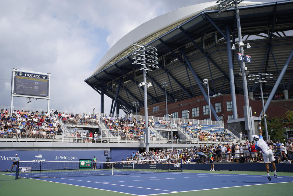 Roberto Bautista Agut, of Spain, serves to J.J. Wolf, of the United States, during the first round of the US Open tennis championships, Monday, Aug. 29, 2022, in New York. (AP Photo/John Minchillo)