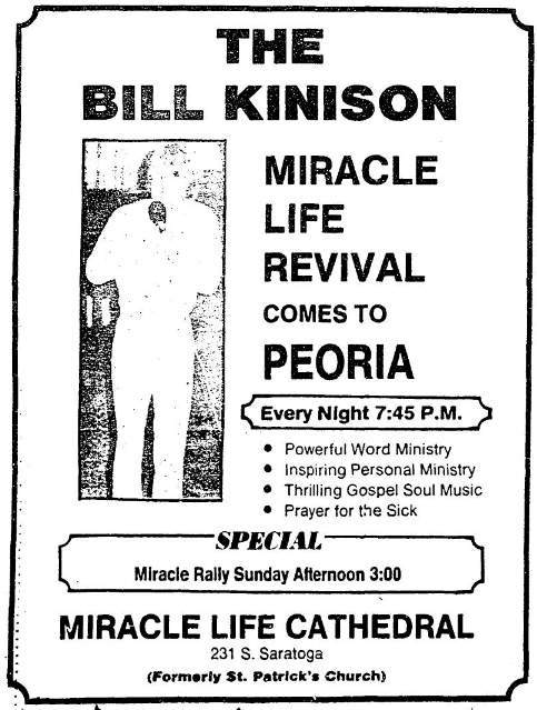 A 1976 Journal Star advertisement for the Miracle Life Cathedral, formerly St. Patrick's church. The late comedian Sam Kinison reportedly preached there.